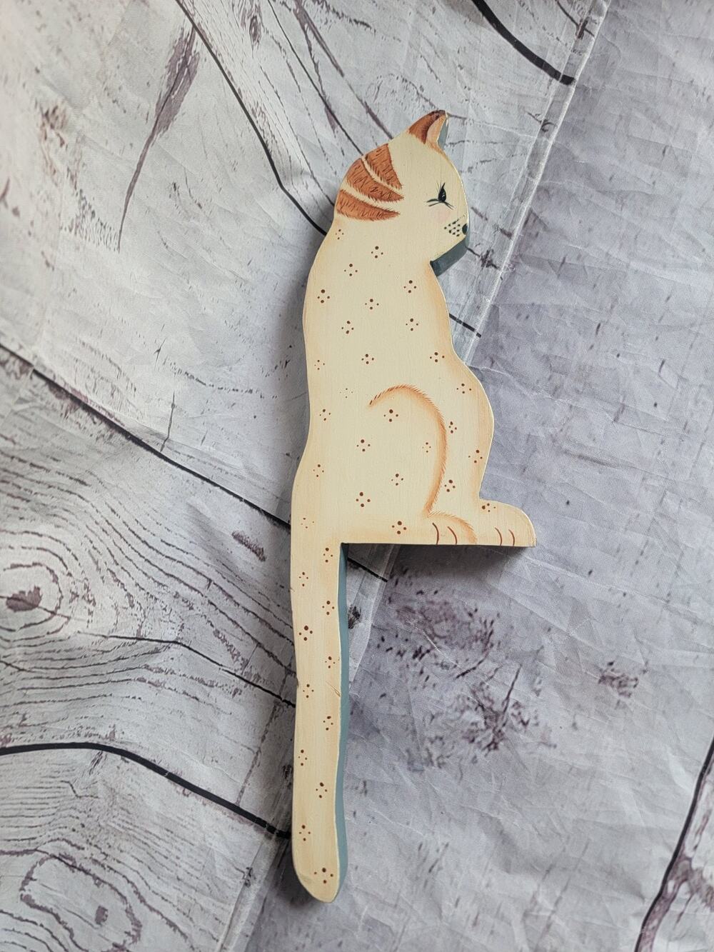 Vintage Wooden Cat Shelf Sitter Figure Hand Painted Folk Art Kitty 14" Tall Read